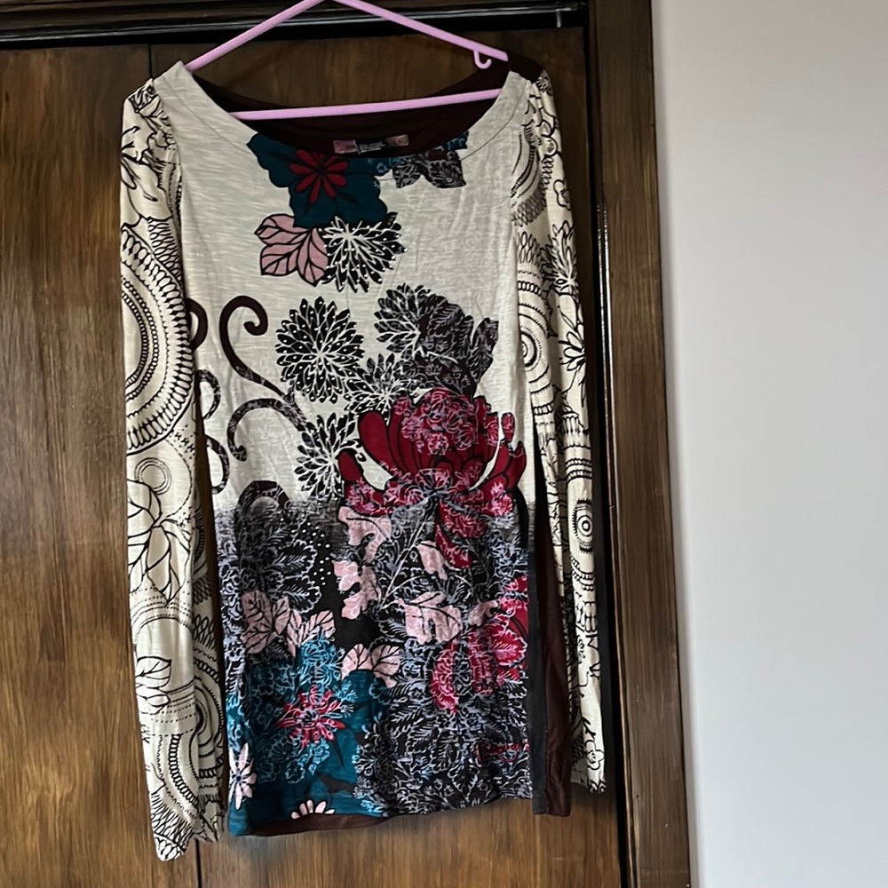 Desigual Long floral top with silver decorative accents